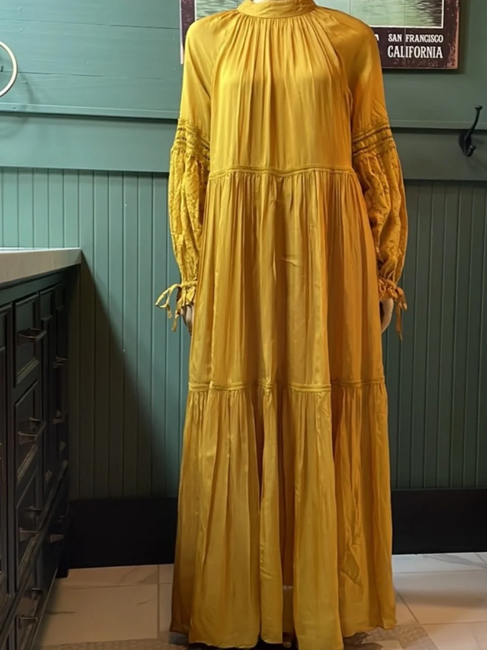 Anthropologie Atsu Aubriana Ruffled Mustard Yellow Lace-Sleeve Maxi Dress